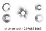 Abstract halftone circular rings and radial burst vector illustration, radial dot motion set.