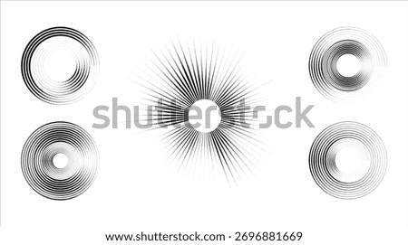 Abstract halftone circular rings and radial burst vector illustration, radial dot motion set.
