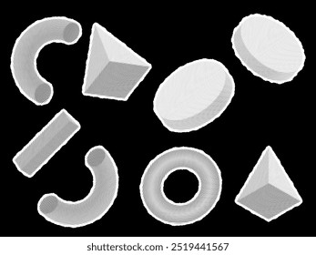 Abstract Halftone CollageY2K Graphic Design 3D Forms Elements set. Trendy Shapes, with Bitmap Dithering Effect and Crumpled Paper Texture. 80s Geometric Shape. Brutalist Design. Vector Dither Gradient