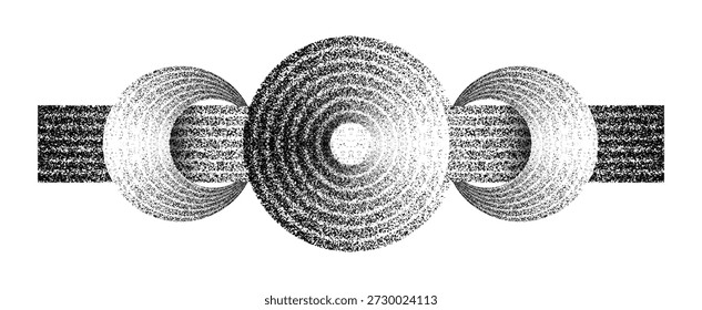 Abstractas círculos concéntricos semitonos con textura granulada en blanco y negro.