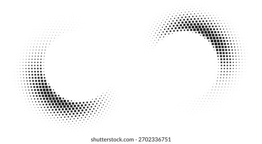 Abstract halftone crescent shapes with smooth fading dotted curves creating a minimal dual arc composition, modern black and white design suitable for branding posters digital art and elegant geometri