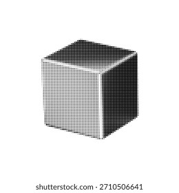 Ilustração de cubo de meio-tom abstrato com sombreamento pontilhado e forma geométrica 3D. Design mínimo em preto-e-branco para layouts modernos, cartazes, ícones e conceitos gráficos.