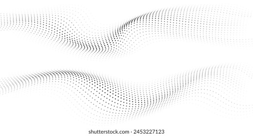 Abstract halftone curve gradient pattern with flowing dots particles wave isolated on transparent background. Vector design element for banner, flyer in in concept of neural network, AI technology