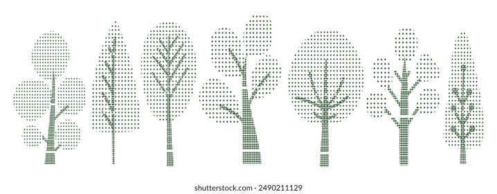 Abstract halftone design green plant leaves and flower. Vector graphic element. Tree, bush, and shrubbery silhouette. Half tone texture and simple decoration create eco, botanical garden poster