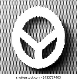 Abstract halftone design with a peace symbol in black and white.