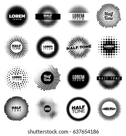 Abstract halftone design round elements set for logos labels and emblems in monochrome style isolated vector illustration
