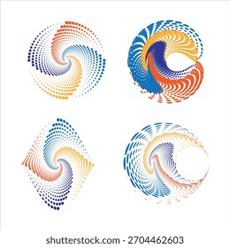 Abstractas conjunto de diseño semitono con puntos, cuadrados, líneas y Elementos coloridos. Patrones de espiral de semitonos decorativos sobre fondo blanco. 