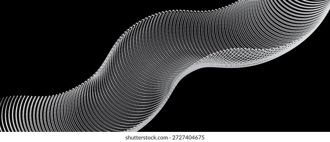 Abstract halftone digital wave of white particle dots on black background.