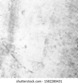 Abstract Halftone Distress urban used texture. Grunge rough dirty background. Brushed black paint cover. Overlay aged grainy messy template. Empty aging design element. EPS10 vector