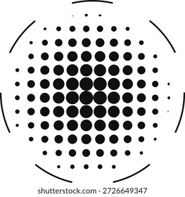 Diseño Abstractas del círculo del punto del semitono con los arcos circundantes, el elemento geométrico minimalista del logotipo y la composición gráfica