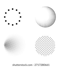 Abstract halftone dot gradients forming circular shapes for modern design projects. Minimal monochrome texture elements suitable for backgrounds and digital artwork.