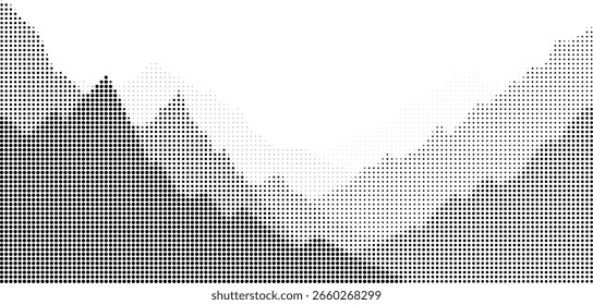 Abstrakte Halbtonpunktlandschaft, die Schichtgebirge und ein Tal in Graustufen darstellt