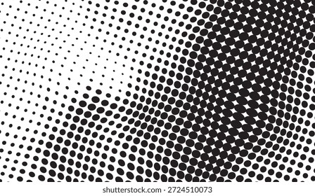 Padrão de ponto de meio-tom abstrato em preto e branco monocromático, apresentando um gradiente dinâmico de pequenos círculos criando um fluxo ondulado, ideal para design gráfico moderno e planos de fundo retro