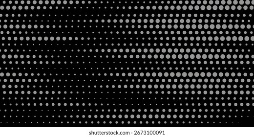 Padrão de ponto de meio-tom abstrato em um plano de fundo preto, criando uma textura geométrica moderna para projetos digitais e planos de fundo elegantes.