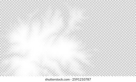 Abstract halftone dot pattern with white burst effect on black and white background. High contrast retro comic book texture, vintage pop art style, dotted gradient overlay for graphic design.