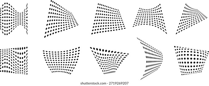Abstrakte Rasterpunktwellenformen bilden einen dynamischen geometrischen Mustersatz. Verzerrte punktierte Gitter erzeugen moderne Bewegung und Tiefe. Ideal für Hintergründe Poster Tech-Design und digitale Grafiken.