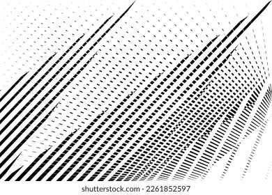 abstract halftone dots and lines background, geometric dynamic pattern, vector black and white texture