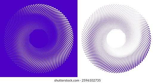 Abstract Halftone Dots Spiral in Circle Form. Contrast Concentric Circle Dots Effect Frame Background. Vector Illustration.