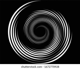 Abstract halftone dots in spiral form. Geometric dotted shape. Monochrome background. Design element for prints, web pages, template