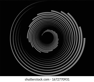 Abstract halftone dots in spiral form. Geometric dotted shape. Monochrome background. Design element for prints, web pages, template