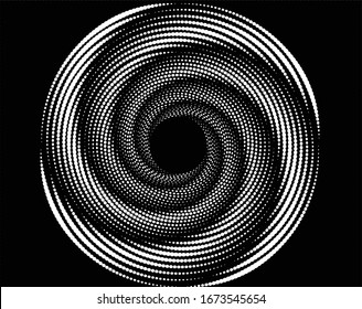 Abstract halftone dots in spiral form. Geometric dotted shape. Monochrome background. Design element for prints, web pages, template