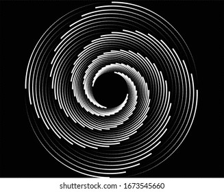 Abstract halftone dots in spiral form. Geometric dotted shape. Monochrome background. Design element for prints, web pages, template