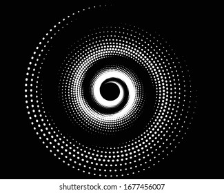  Abstract halftone dots in spiral form. Geometric dotted shape. Monochrome background. Design element for prints, web pages, template