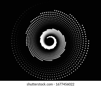 Abstract halftone dots in spiral form. Geometric dotted shape. Monochrome background. Design element for prints, web pages, template