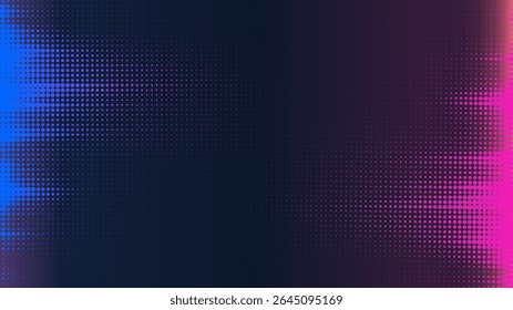 Vetor de pontos de meio-tom abstrato com brilho rosa e azul neon, gradiente horizontal, pixel spread radial, inclinação de tela retro e transição suave
