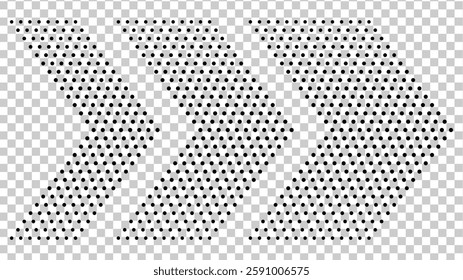 Abstract halftone dotted arrow pattern. Black dots arranged in a dynamic, forward-moving design on a transparent background. Perfect for modern, tech, and futuristic themes.