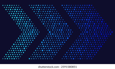 Abstract halftone dotted arrow pattern. Gradient dots arranged in a dynamic, forward-moving design on a dark background. Design for modern, tech, and futuristic themes.