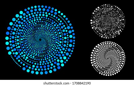 Abstract halftone dotted background. Circles with dots random colors and sizes.