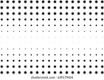 Abstract halftone dotted background. Monochrome pattern with stars.  Vector modern futuristic texture for posters, sites, business cards, postcards, labels and stickers. Design mock-up layout.