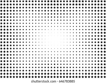 Abstract halftone dotted background. Monochrome pattern with stars.  Vector modern futuristic texture for posters, sites, business cards, postcards, labels and stickers. Design mock-up layout.