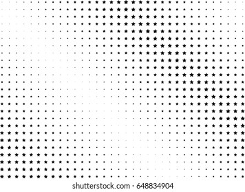 Abstract halftone dotted background. Monochrome pattern with stars.  Vector modern futuristic texture for posters, sites, business cards, postcards, labels, cover, stickers. Design mock-up layout.