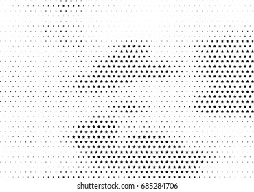 Abstract halftone dotted background. Monochrome futuristic grunge pattern, stars.  Vector modern optical pop art texture for posters, site, postcard, cover, labels, vintage sticker, mock-up layout.