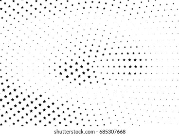 Abstract halftone dotted background. Monochrome futuristic grunge pattern, stars.  Vector modern optical pop art texture for posters, site, postcard, cover, labels, vintage sticker, mock-up layout.