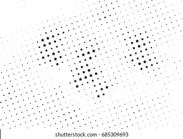 Abstract halftone dotted background. Monochrome futuristic grunge pattern, stars.  Vector modern optical pop art texture for posters, site, postcard, cover, labels, vintage sticker, mock-up layout.