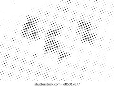 Abstract halftone dotted background. Monochrome futuristic grunge pattern, stars.  Vector modern optical pop art texture for posters, site, postcard, cover, labels, vintage sticker, mock-up layout.