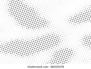 Abstract halftone dotted background. Monochrome futuristic grunge pattern, stars.  Vector modern optical pop art texture for posters, site, postcard, cover, labels, vintage sticker, mock-up layout.