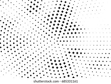 Abstract halftone dotted background. Monochrome futuristic grunge pattern, stars.  Vector modern optical pop art texture for posters, site, postcard, cover, labels, vintage sticker, mock-up layout.