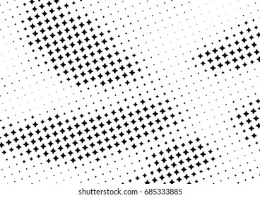 Abstract halftone dotted background. Monochrome futuristic grunge pattern, stars.  Vector modern optical pop art texture for posters, site, postcard, cover, labels, vintage sticker, mock-up layout.