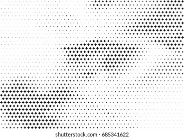 Abstract halftone dotted background. Monochrome futuristic grunge pattern, stars.  Vector modern optical pop art texture for posters, site, postcard, cover, labels, vintage sticker, mock-up layout.