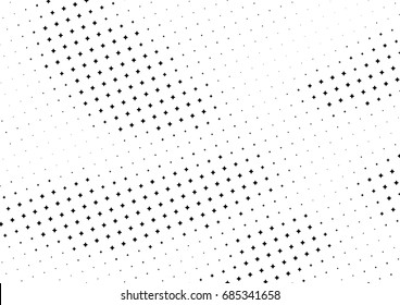 Abstract halftone dotted background. Monochrome futuristic grunge pattern, stars.  Vector modern optical pop art texture for posters, site, postcard, cover, labels, vintage sticker, mock-up layout.