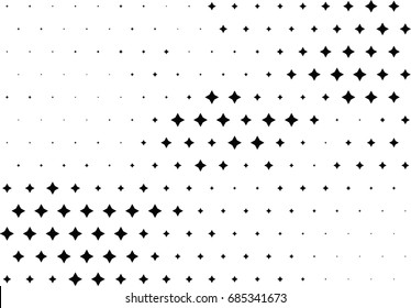 Abstract halftone dotted background. Monochrome futuristic grunge pattern, stars.  Vector modern optical pop art texture for posters, site, postcard, cover, labels, vintage sticker, mock-up layout.