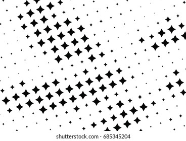 Abstract halftone dotted background. Monochrome futuristic grunge pattern, stars.  Vector modern optical pop art texture for posters, site, postcard, cover, labels, vintage sticker, mock-up layout.