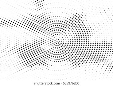 Abstract halftone dotted background. Monochrome futuristic grunge pattern, stars.  Vector modern optical pop art texture for posters, site, postcard, cover, labels, vintage sticker, mock-up layout.