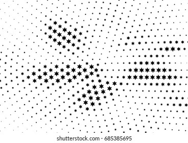Abstract halftone dotted background. Monochrome futuristic grunge pattern, stars.  Vector modern optical pop art texture for posters, site, postcard, cover, labels, vintage sticker, mock-up layout.