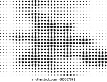 Abstract halftone dotted background. Monochrome futuristic grunge pattern, stars.  Vector modern optical pop art texture for posters, site, postcard, cover, labels, vintage sticker, mock-up layout.