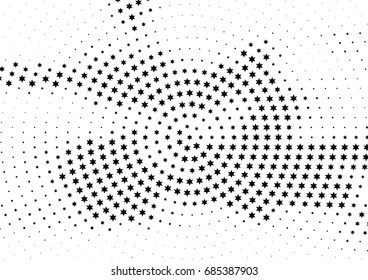 Abstract halftone dotted background. Monochrome futuristic grunge pattern, stars.  Vector modern optical pop art texture for posters, site, postcard, cover, labels, vintage sticker, mock-up layout.